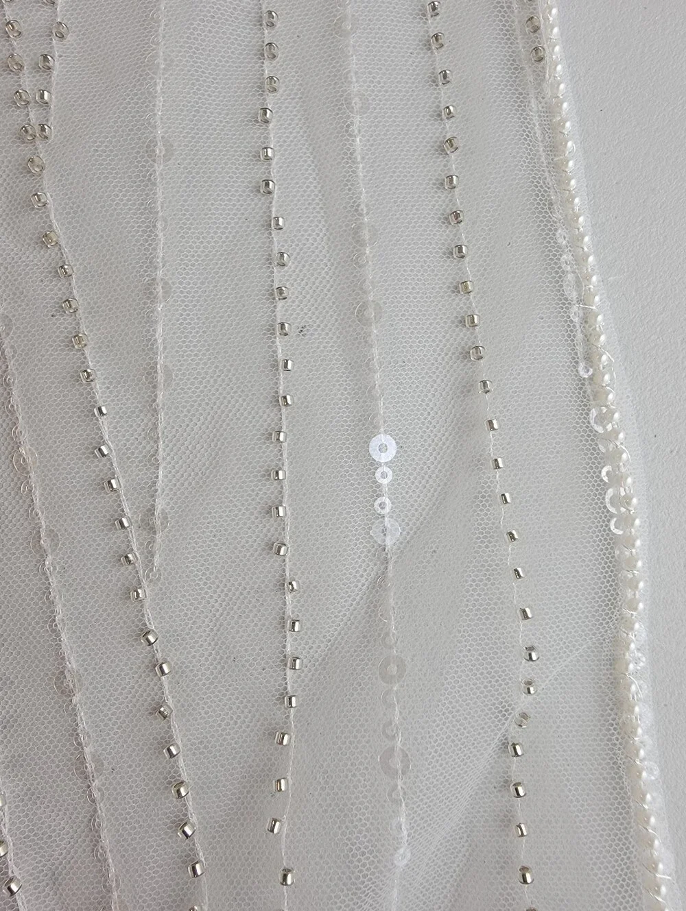 White Tulle Net Ballet Length Veil W/ Faux Pearl Edge, Sequins, Beads, & Comb